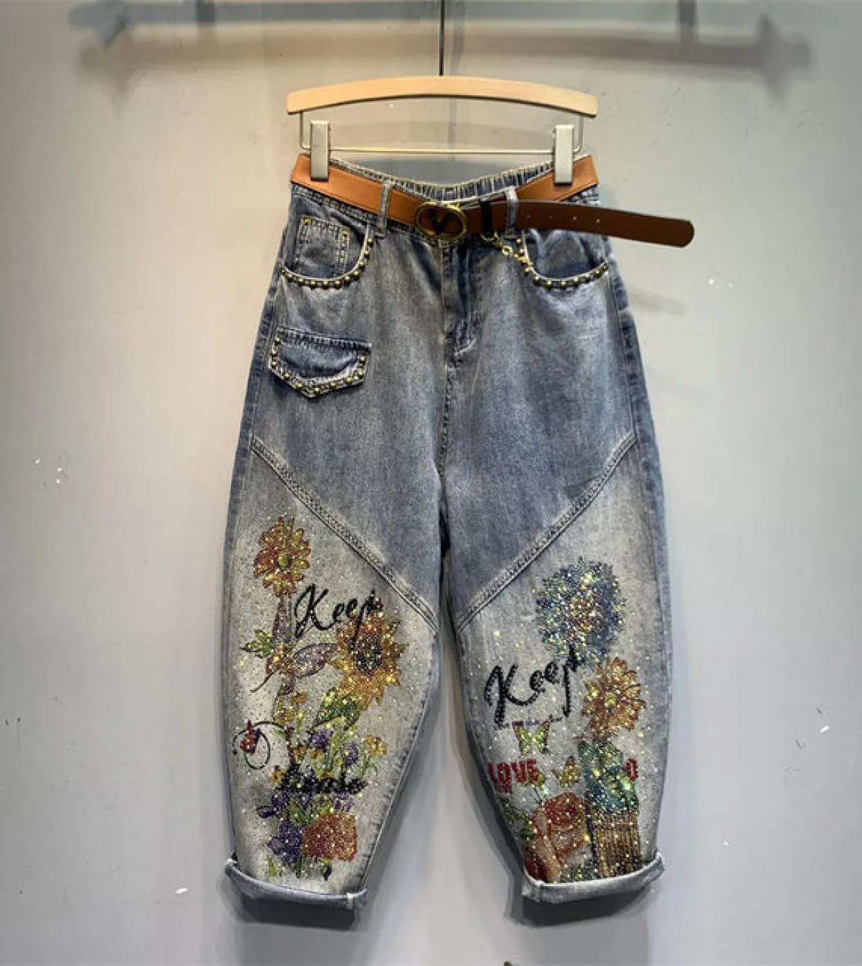 2022 Spring New Arts Style Heavy Craft Rivetti Design Donna Jeans larghi Fiore vintage Lunghezza caviglia Cotone Denim Harem Pa