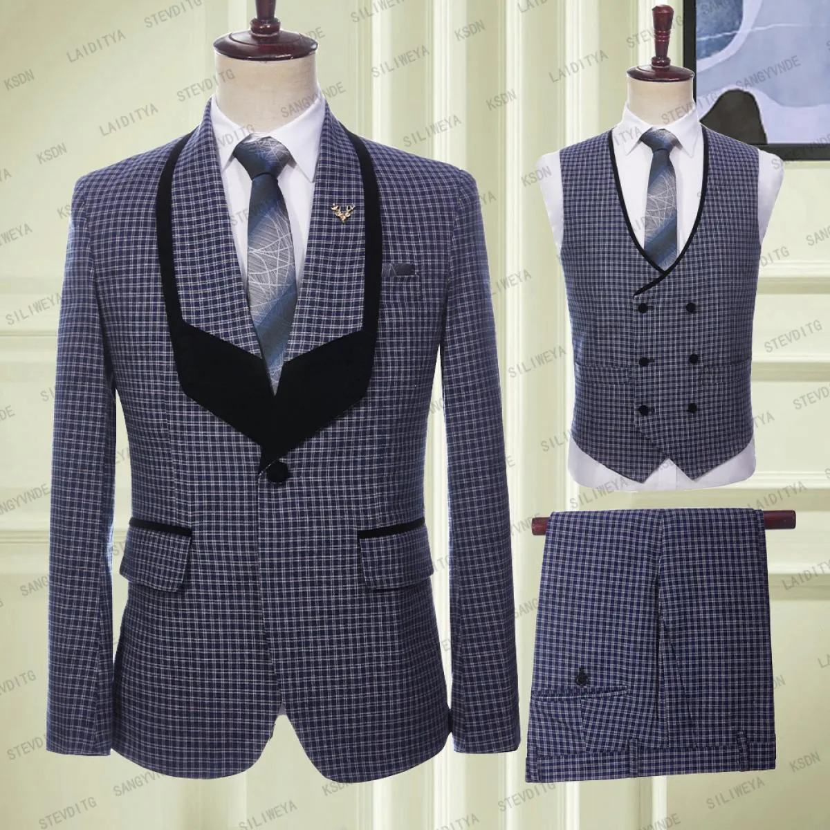 2023 Moda Uomo Business Grande colletto nero Casual Blu scuro Abiti scozzesi Uomo Un bottone 3 pezzi Set Blazer Giacca Pantalone