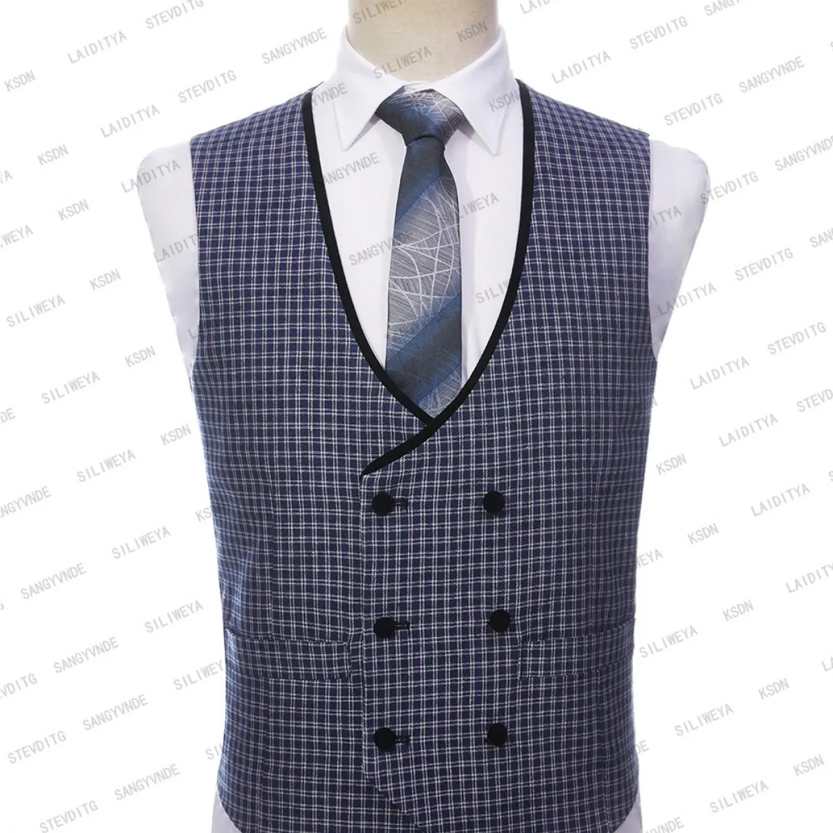 2023 Moda Uomo Business Grande colletto nero Casual Blu scuro Abiti scozzesi Uomo Un bottone 3 pezzi Set Blazer Giacca Pantalone