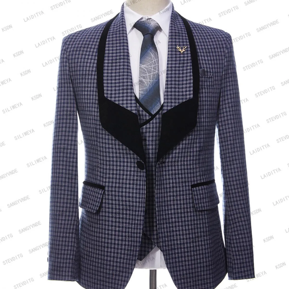 2023 Moda Uomo Business Grande colletto nero Casual Blu scuro Abiti scozzesi Uomo Un bottone 3 pezzi Set Blazer Giacca Pantalone