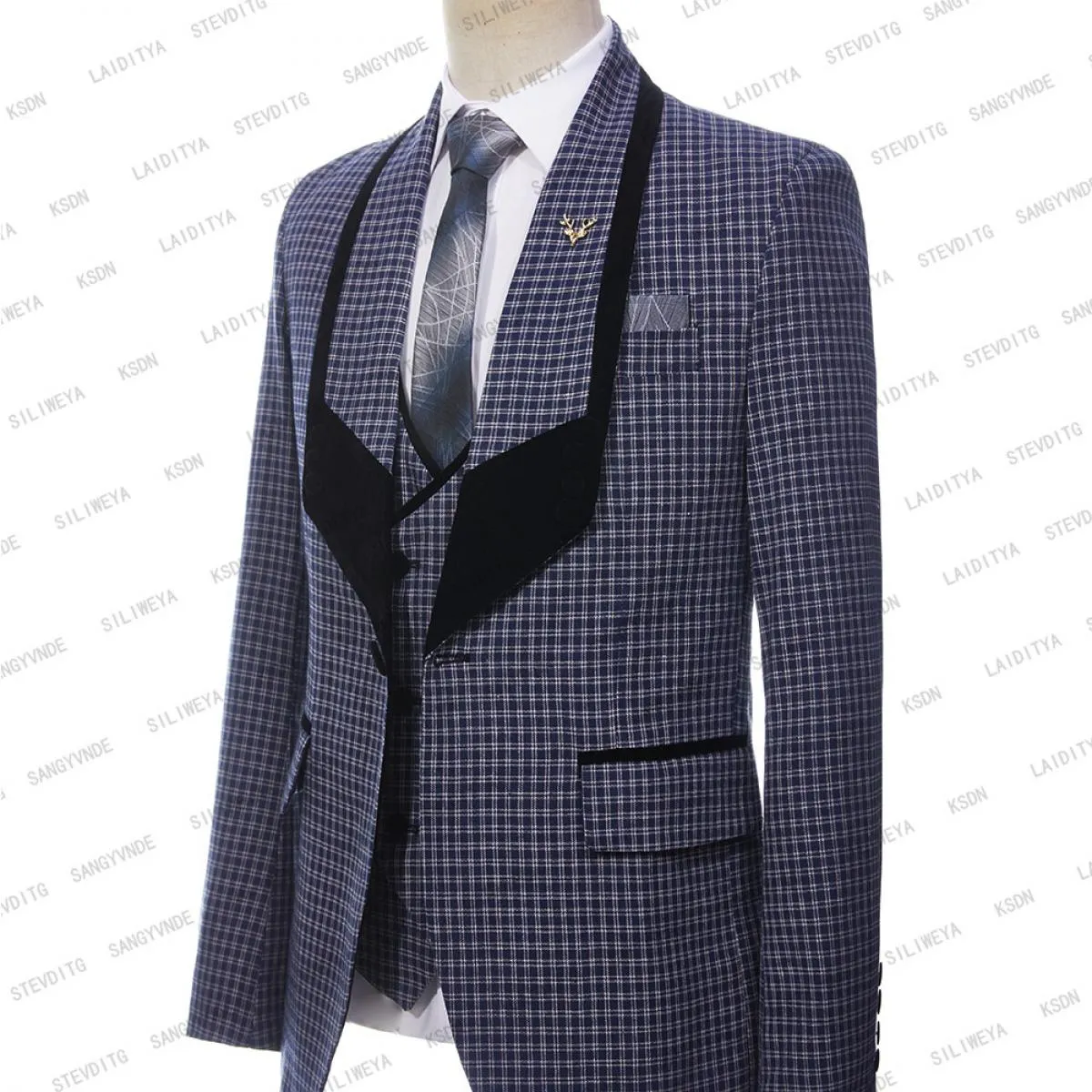 2023 Moda Uomo Business Grande colletto nero Casual Blu scuro Abiti scozzesi Uomo Un bottone 3 pezzi Set Blazer Giacca Pantalone