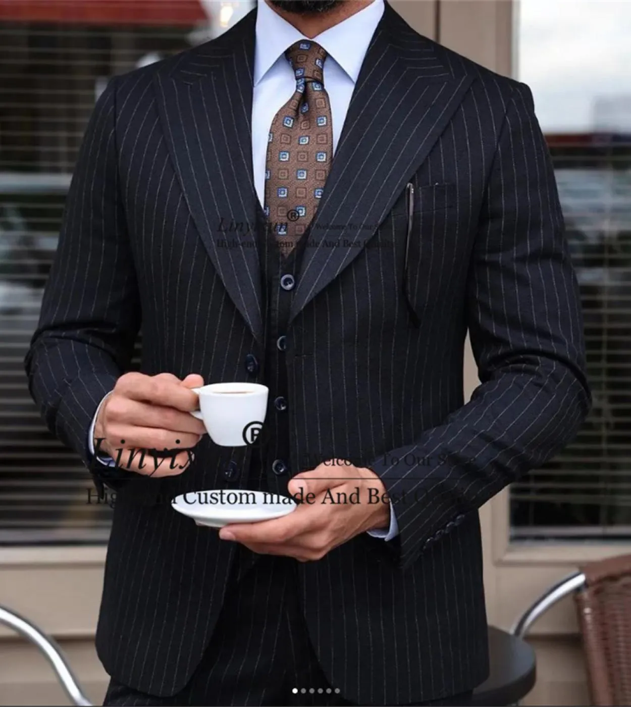 Abiti da uomo a righe nere con risvolto a punta giacca da lavoro slim fit smoking da sposo Terno Masculino giacca da 3 pezzi Ves