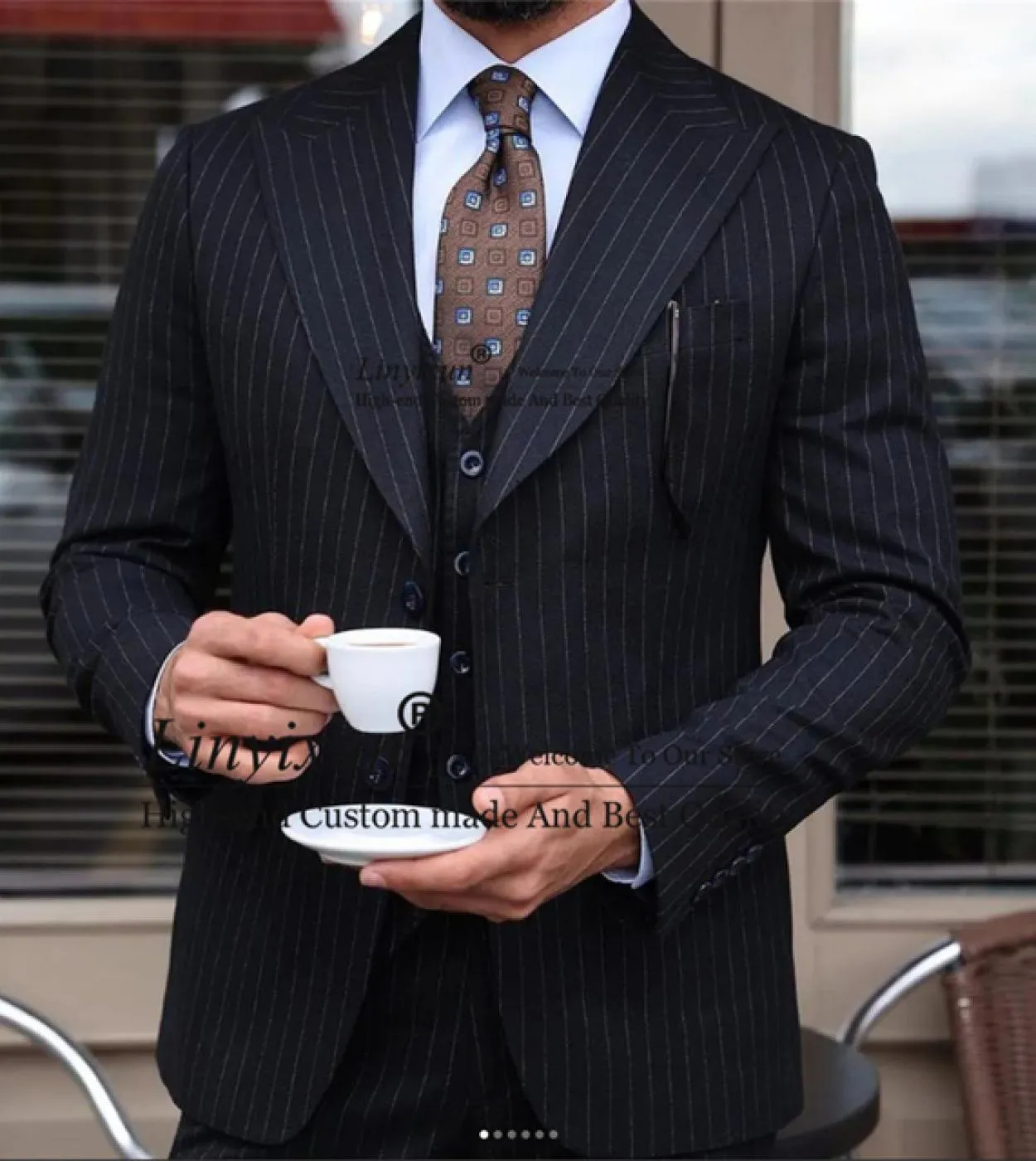 Abiti da uomo a righe nere con risvolto a punta giacca da lavoro slim fit smoking da sposo Terno Masculino giacca da 3 pezzi Ves