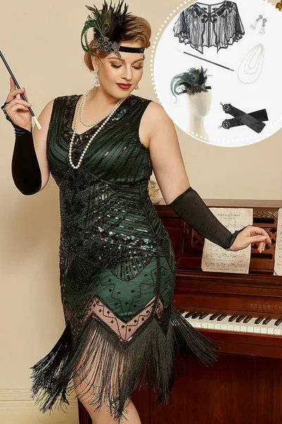 Abito flapper di paillettes verde scuro 1920s Plus Size con set di accessori anni '20