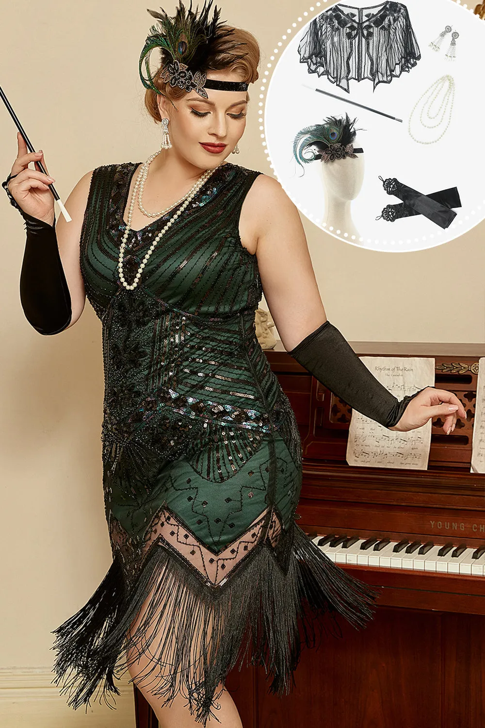 Abito flapper di paillettes verde scuro 1920s Plus Size con set di accessori anni '20