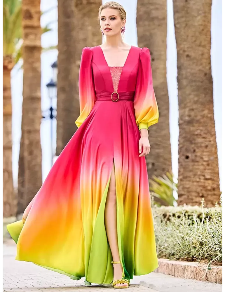 Abito lungo sfumato fucsia con maniche Sonia Pena Couture
