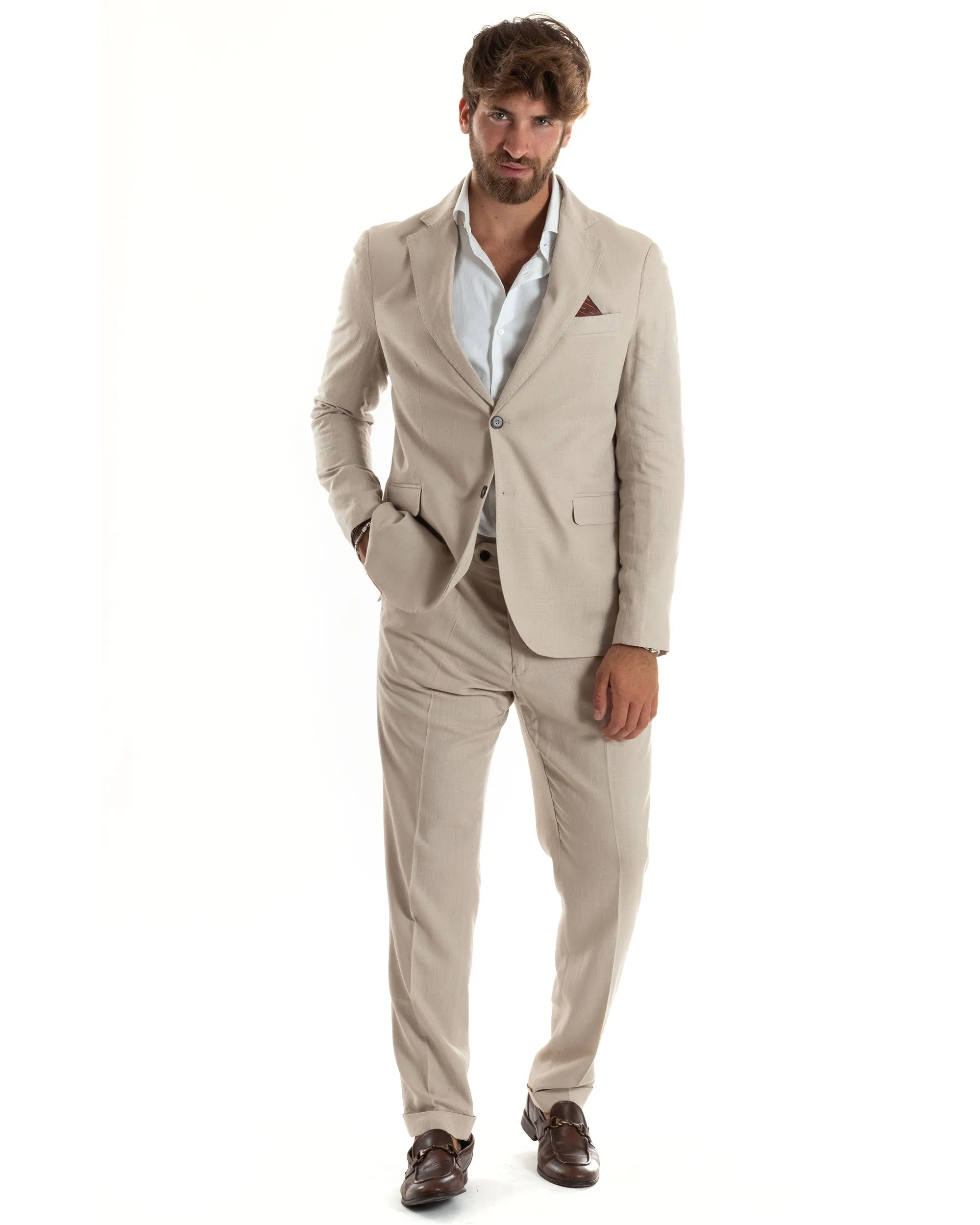 Abito Uomo Completo Lino Vestito Monopetto Sartoriale Giacca Pantaloni Casual Elegante Tinta Unita Beige GIOSAL-AE1073A