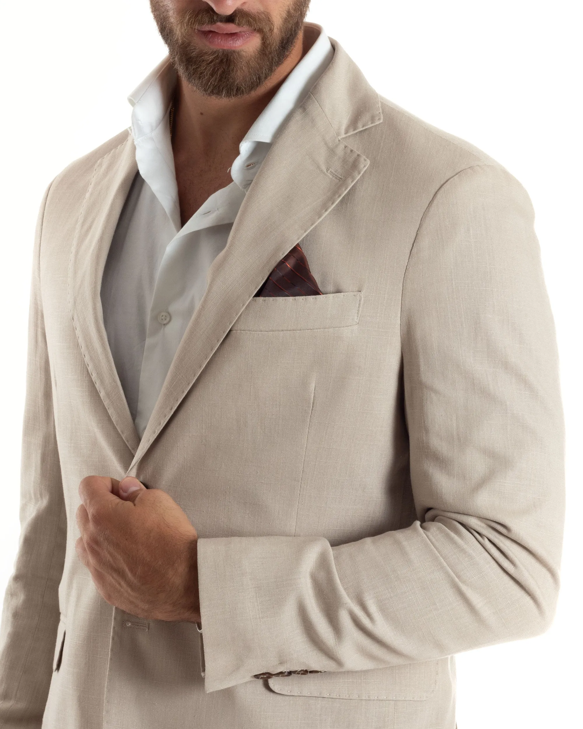 Abito Uomo Completo Lino Vestito Monopetto Sartoriale Giacca Pantaloni Casual Elegante Tinta Unita Beige GIOSAL-AE1073A