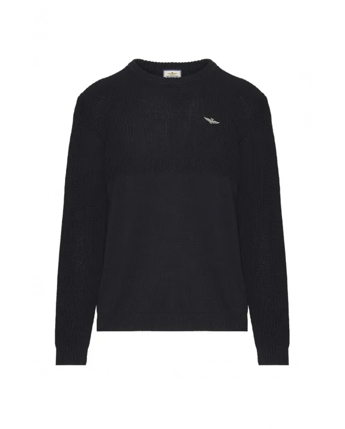 AERONAUTICA  MILITARE Maglia Uomo MA1280 A-ET Maglione in Cotone Tricolori 08312 BLUE BLACK