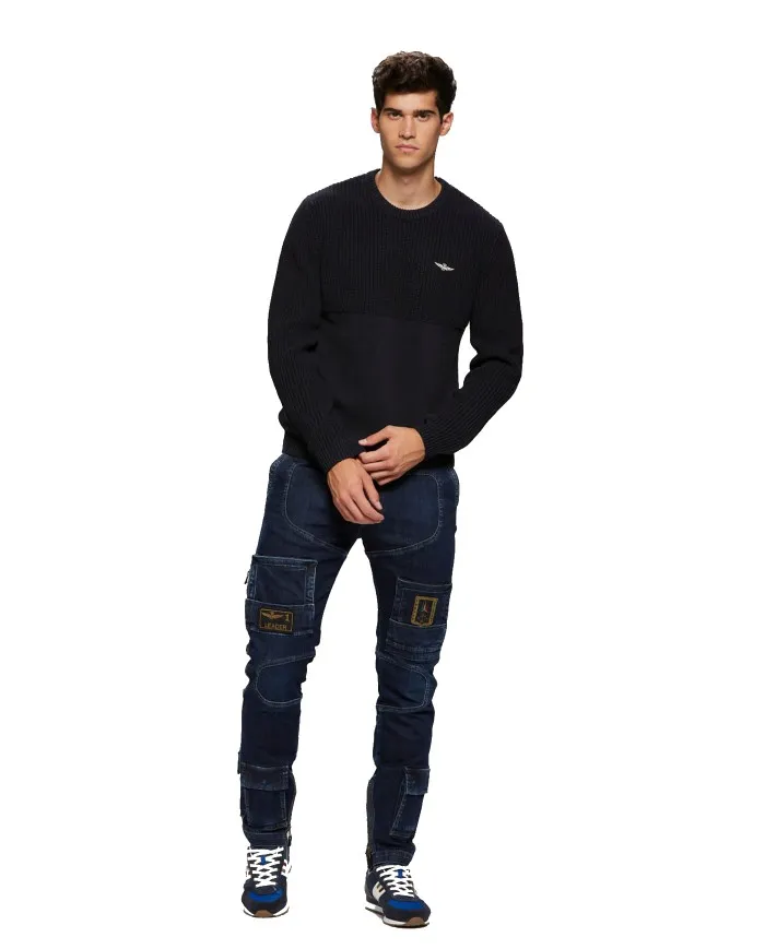 AERONAUTICA  MILITARE Maglia Uomo MA1280 A-ET Maglione in Cotone Tricolori 08312 BLUE BLACK