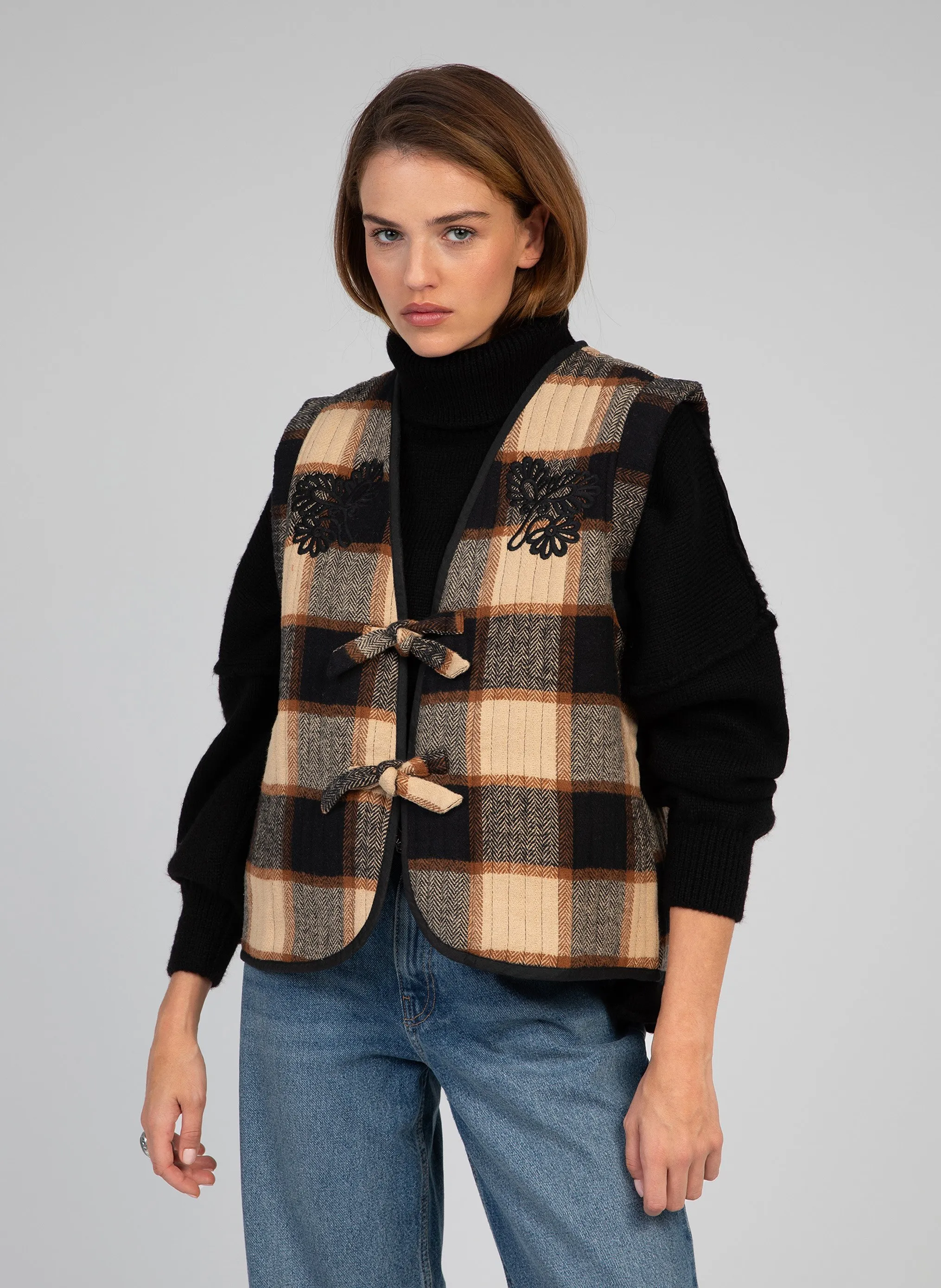  AN'GE   SALTANA - Giacca aderente in cotone a quadri | Beige