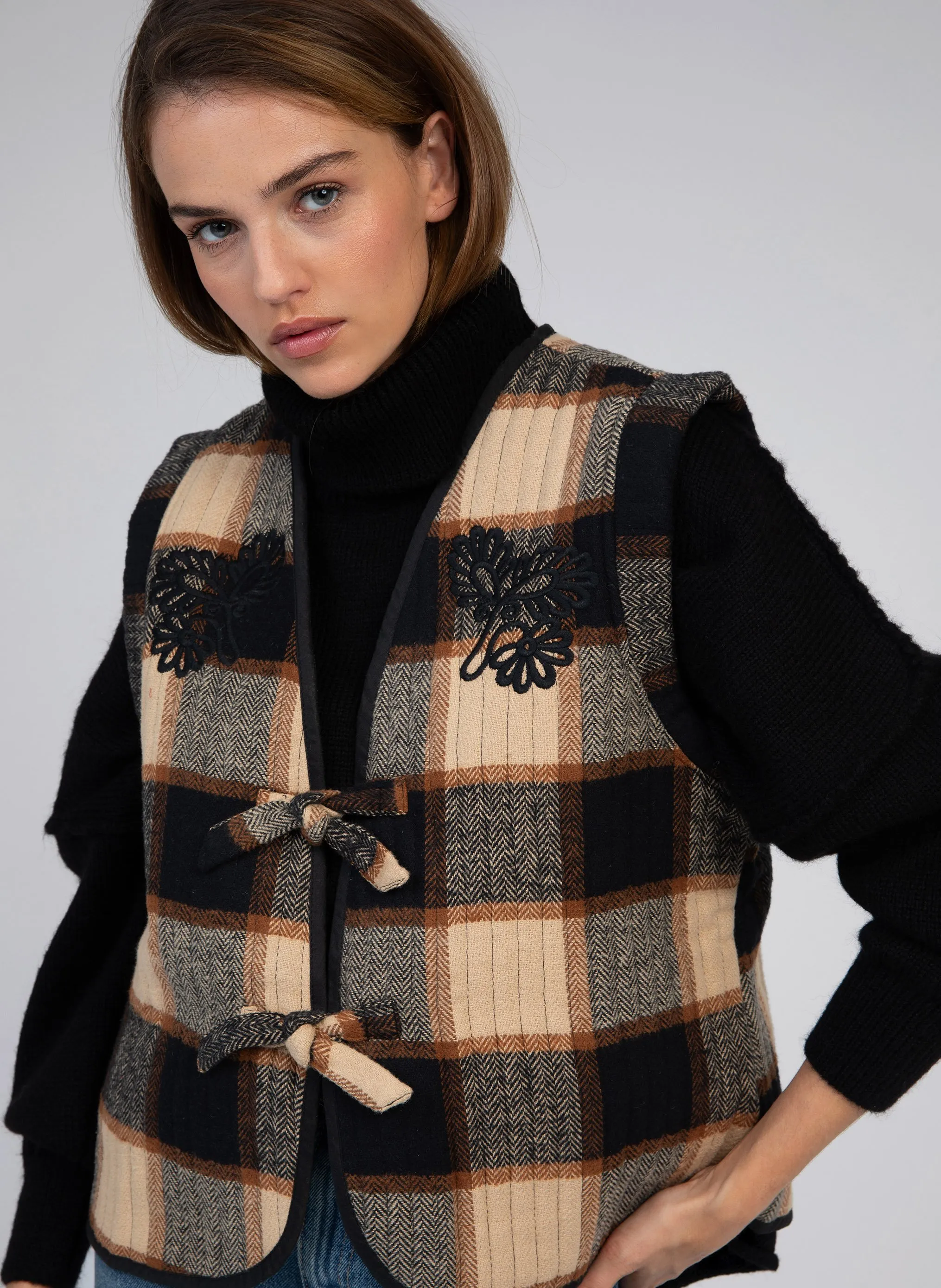  AN'GE   SALTANA - Giacca aderente in cotone a quadri | Beige