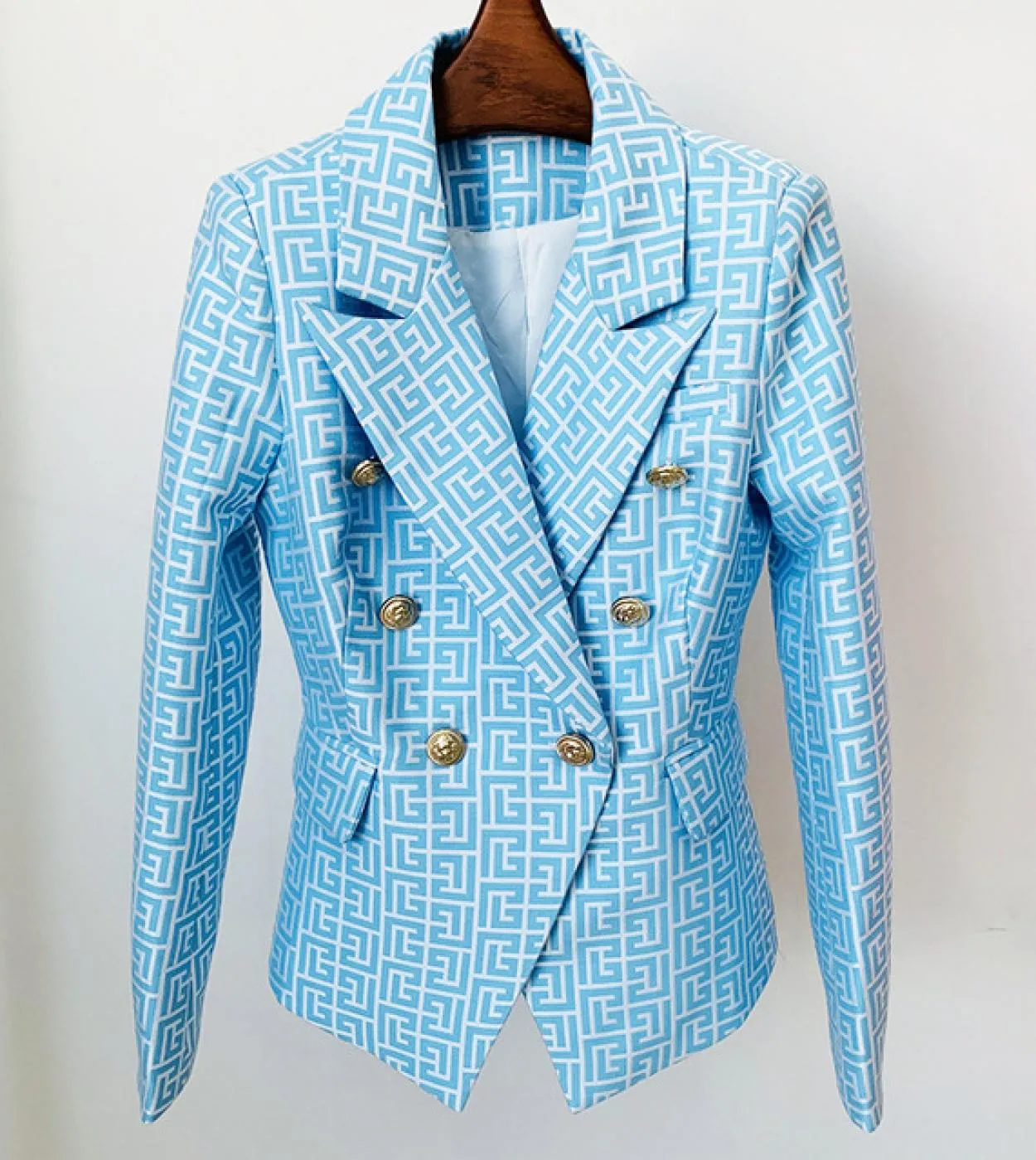 Blazer Suit Donna Giacca scozzese jacquard geometrica blu cielo Bottone leone in metallo Doppio petto Slim Office Ladies Fashion