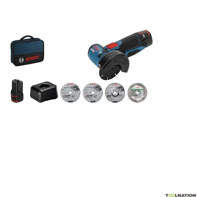 Bosch Professional 06019F200C GWS 12V-76 Smerigliatrice angolare a batteria 12V 2,0Ah Li-Ion + set di accessori