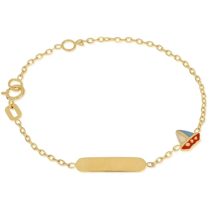 Bracciale battesimale da bambino con targhetta personalizzabile e barchetta smaltata in oro giallo 18kt