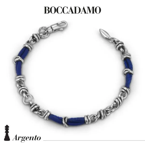Bracciale con nodi in argento e pelle blu    