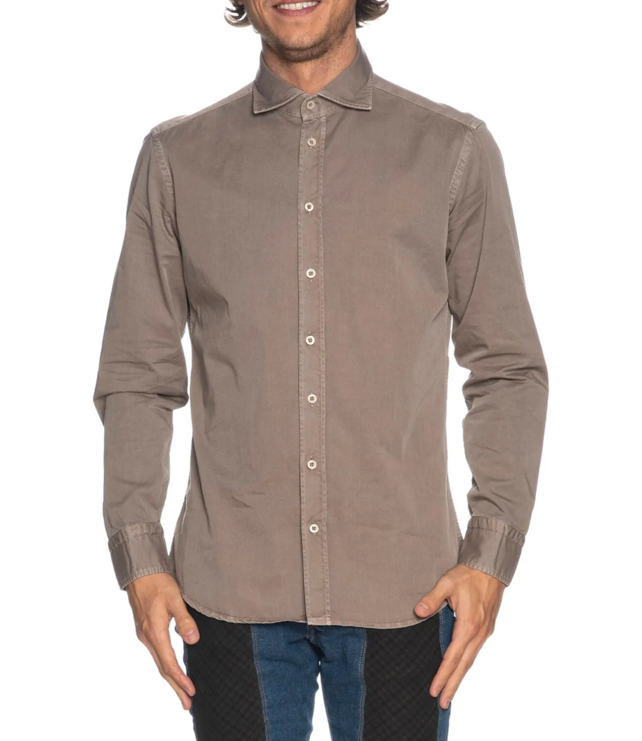 Camicia Bastoncino Simo 1379 noce in twill a manica lunga con collo semi francese