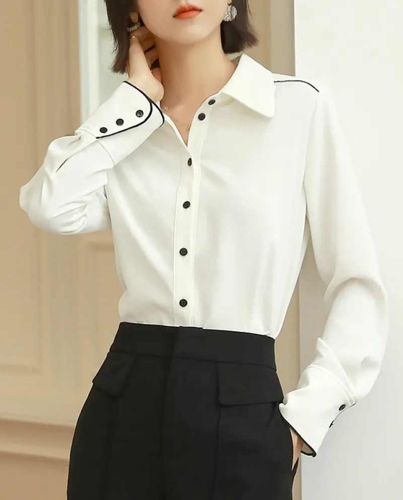 Camicia bianca professionale da donna autunno nuovo temperamento di colore a contrasto capace di pendolare vento a maniche lungh