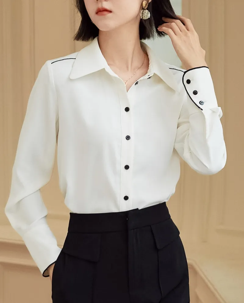 Camicia bianca professionale da donna autunno nuovo temperamento di colore a contrasto capace di pendolare vento a maniche lungh