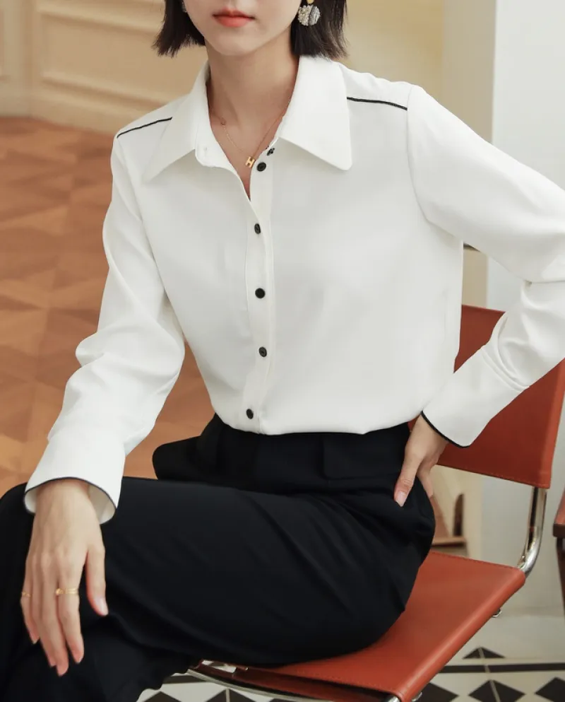 Camicia bianca professionale da donna autunno nuovo temperamento di colore a contrasto capace di pendolare vento a maniche lungh