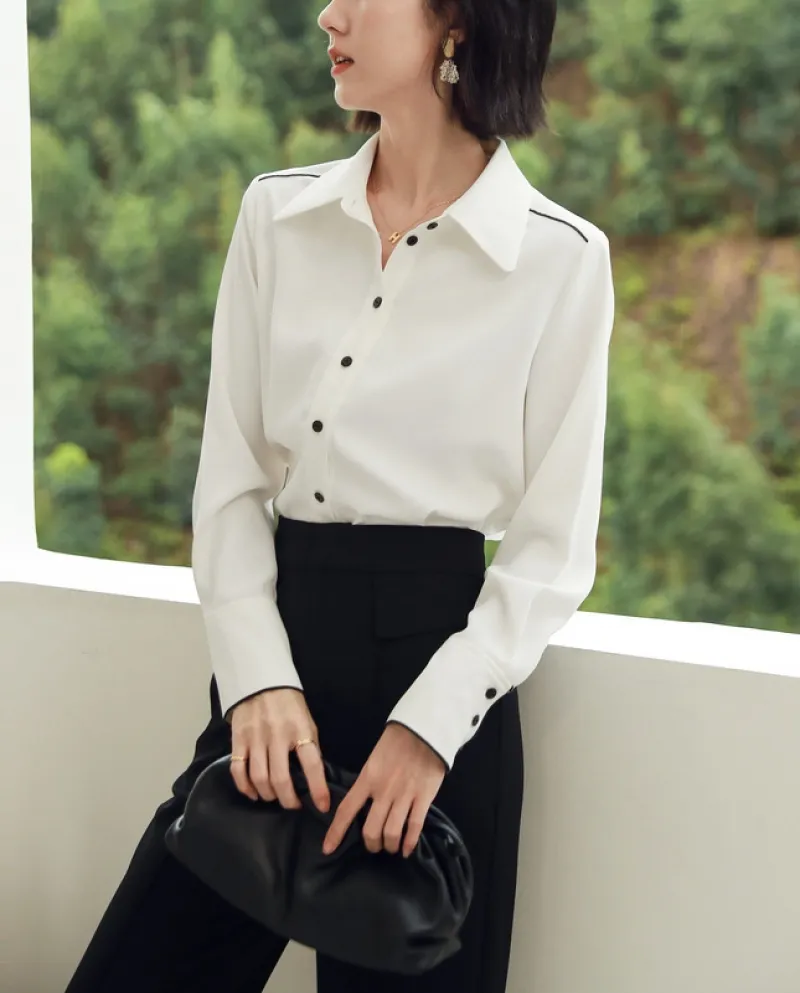 Camicia bianca professionale da donna autunno nuovo temperamento di colore a contrasto capace di pendolare vento a maniche lungh
