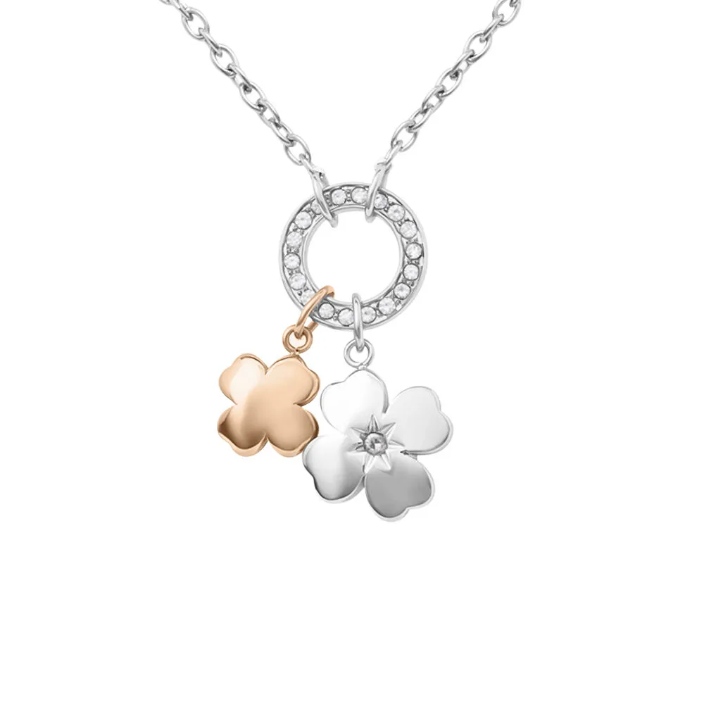 Collana Quadrifoglio Lady Chic Acciaio Bicolore Bianco / Rosa Maglia Rolo Cristallo Bianco 42 + 3 cm 1680343