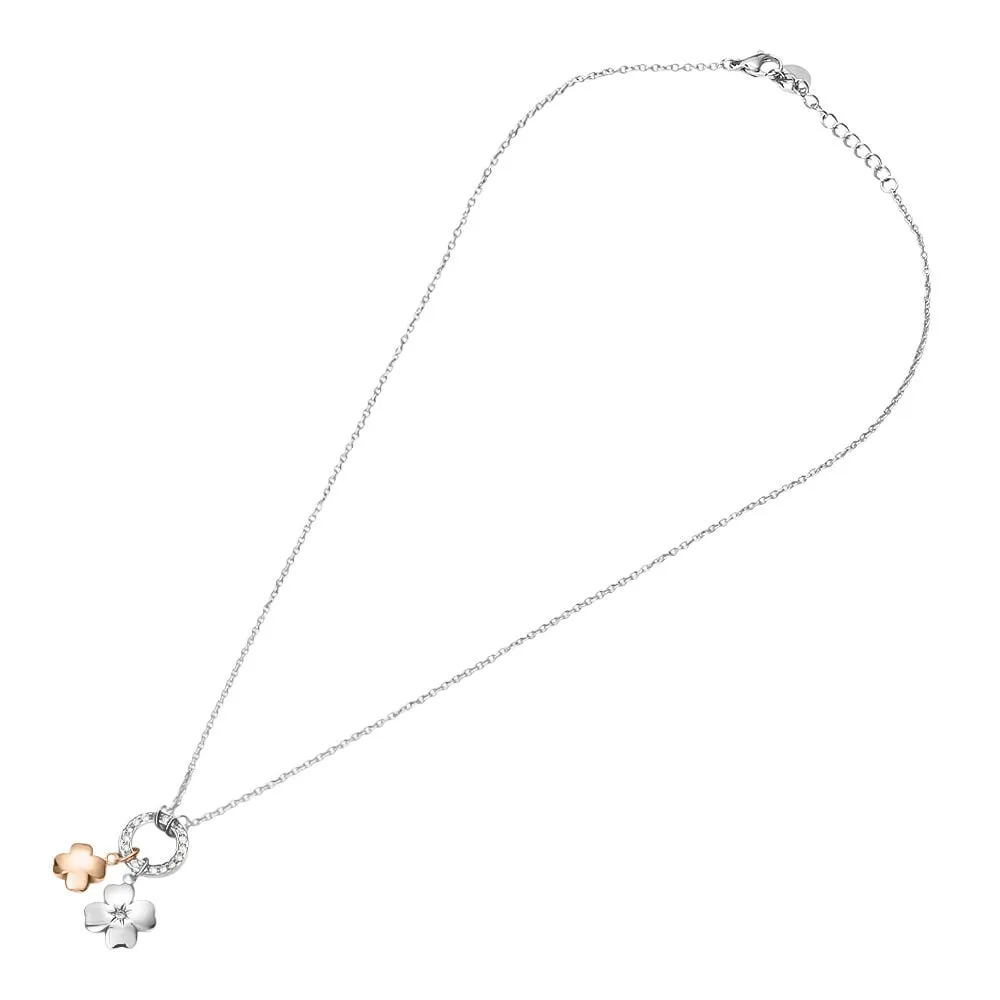 Collana Quadrifoglio Lady Chic Acciaio Bicolore Bianco / Rosa Maglia Rolo Cristallo Bianco 42 + 3 cm 1680343