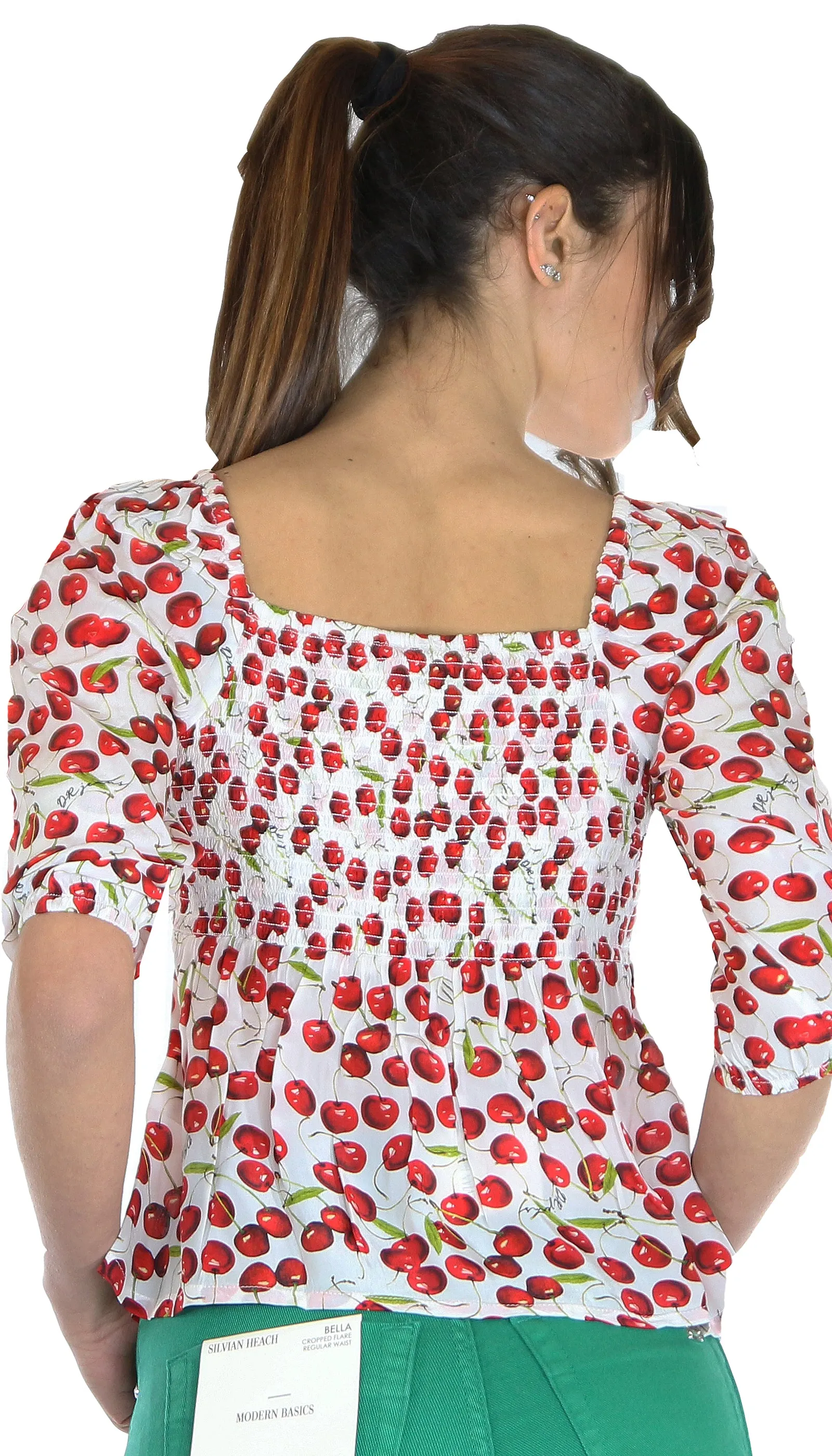 Denny Rose Jeans Blusa in raso con stampa ciliege all over.