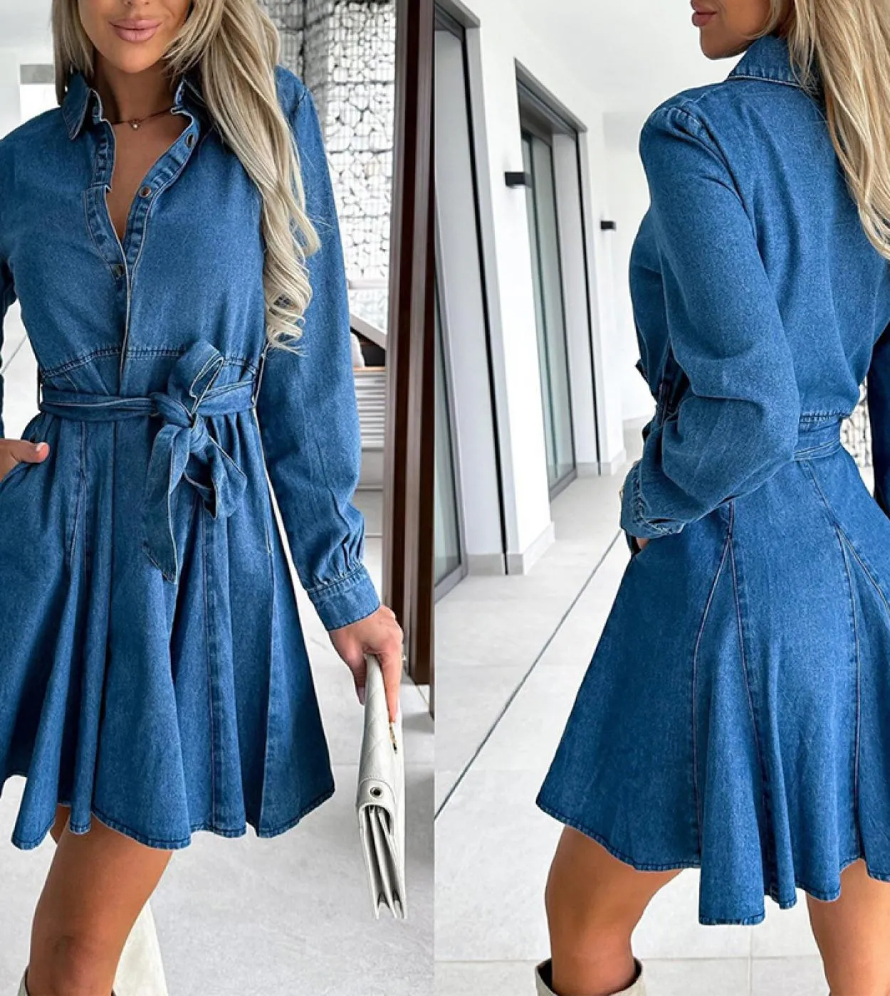 Elegante risvolto colletto bottoni jeans abito donna casual manica lunga cravatta abito da festa moda allacciatura pieghettato s