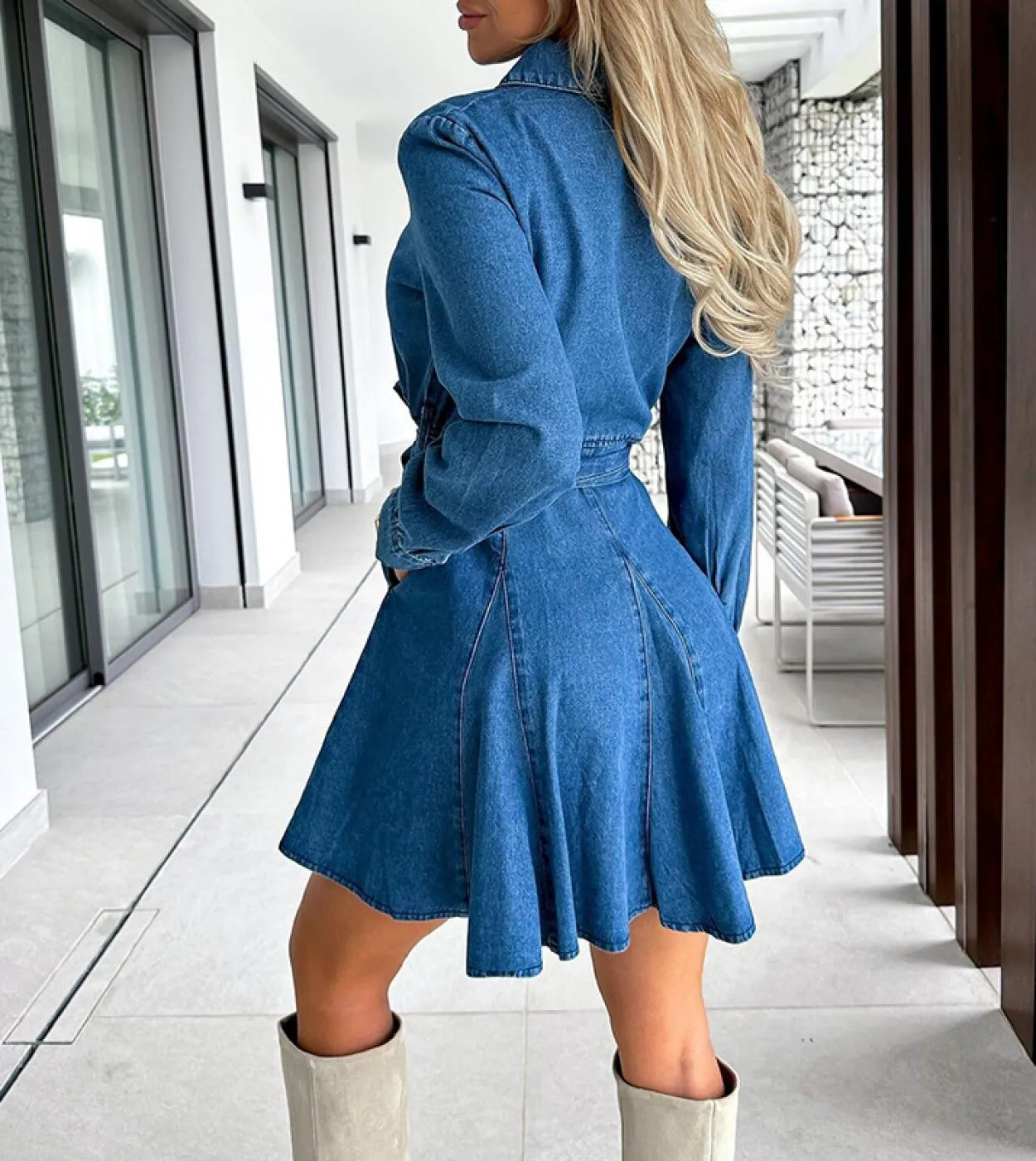 Elegante risvolto colletto bottoni jeans abito donna casual manica lunga cravatta abito da festa moda allacciatura pieghettato s