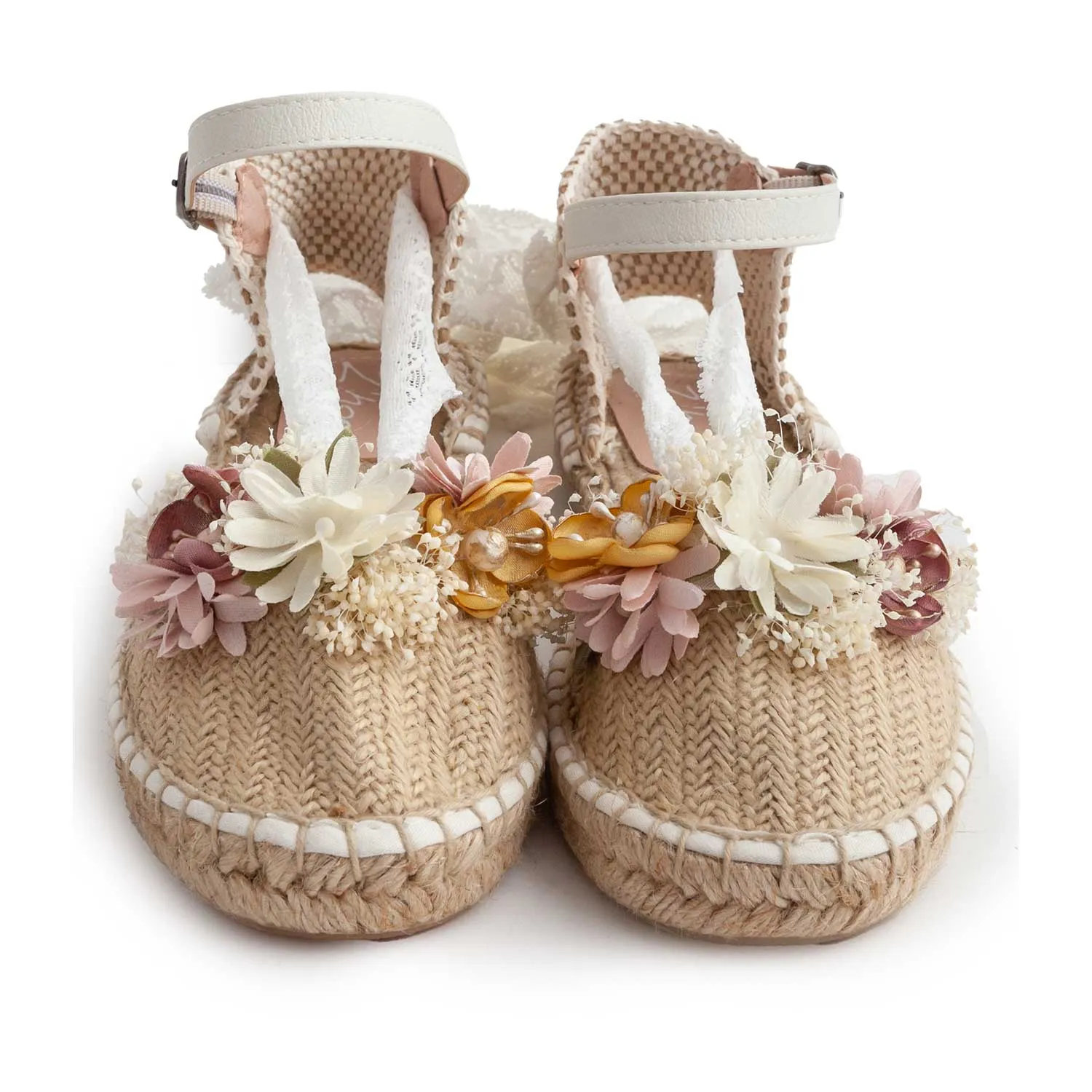 Espadrillas Beige Con Nastro In Pizzo E Fiori