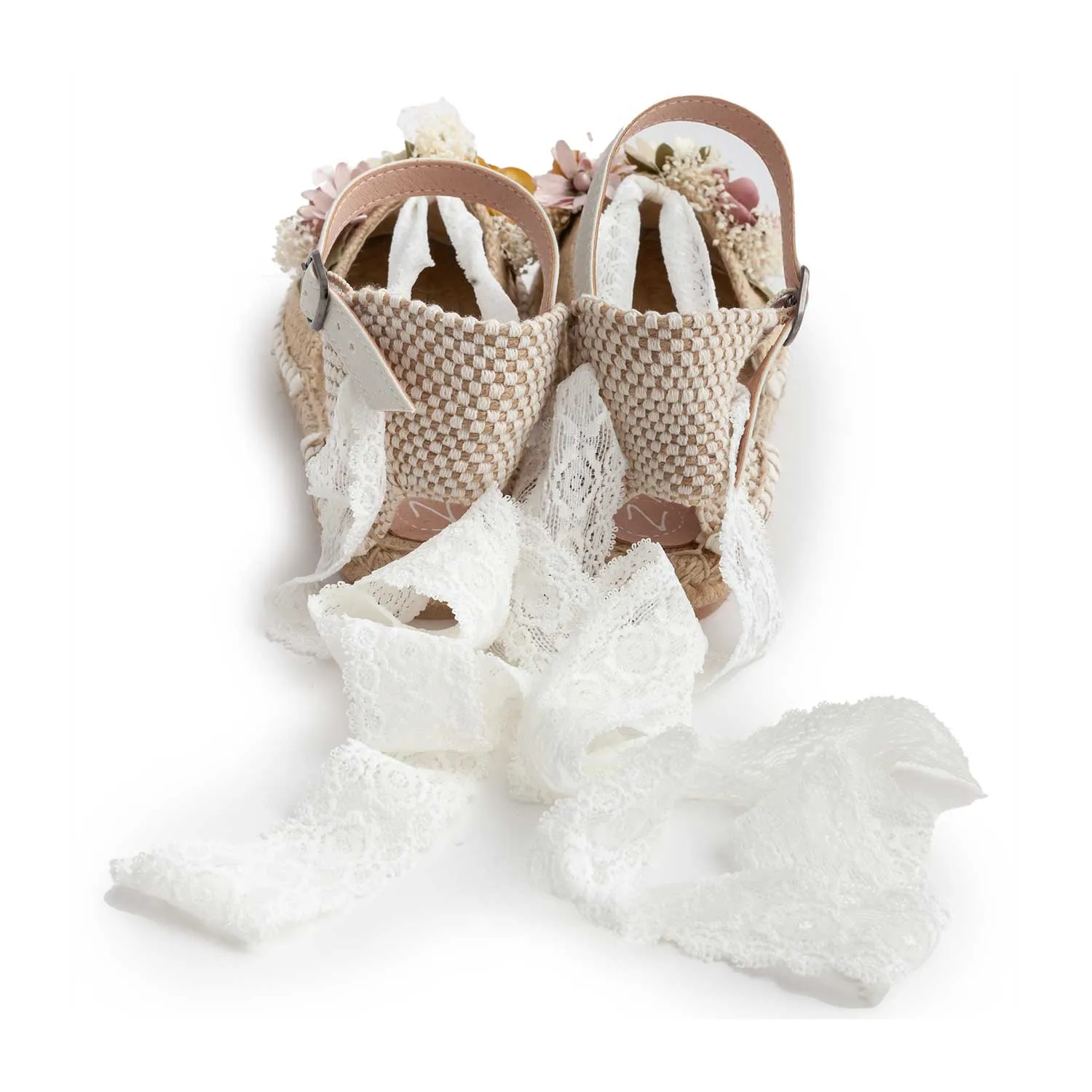 Espadrillas Beige Con Nastro In Pizzo E Fiori