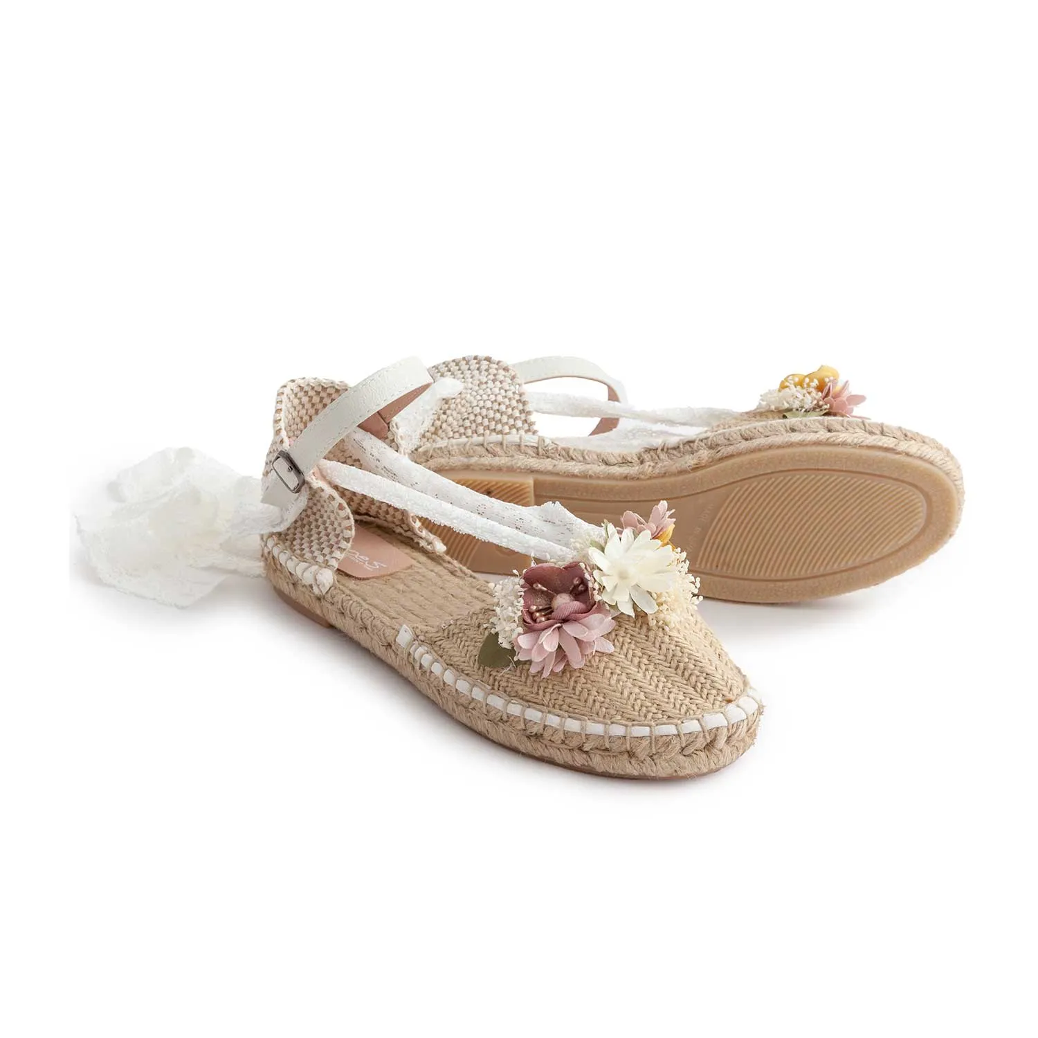Espadrillas Beige Con Nastro In Pizzo E Fiori
