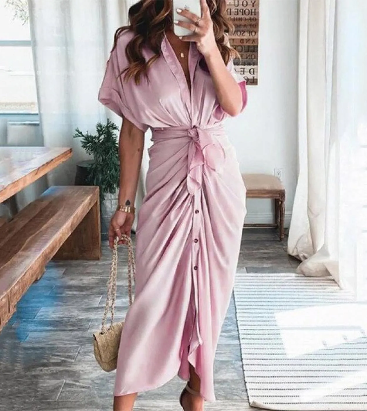 Gacvga Satin Summer Midi Long Dress With Belt  Single Breasted Ruched Women  Party Dresses Vestidos De Mujer Casualdress