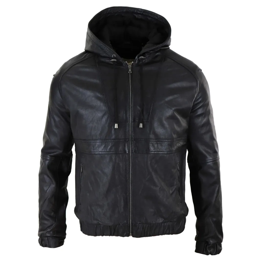 Giacca Bomber Uomo Vera Pelle Marrone Nera con Cappuccio Zip Casual Aderente
