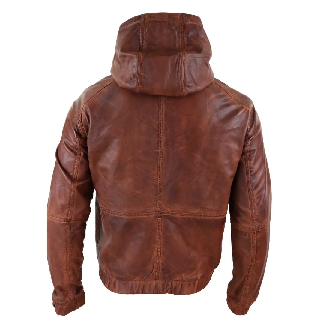 Giacca Bomber Uomo Vera Pelle Marrone Nera con Cappuccio Zip Casual Aderente