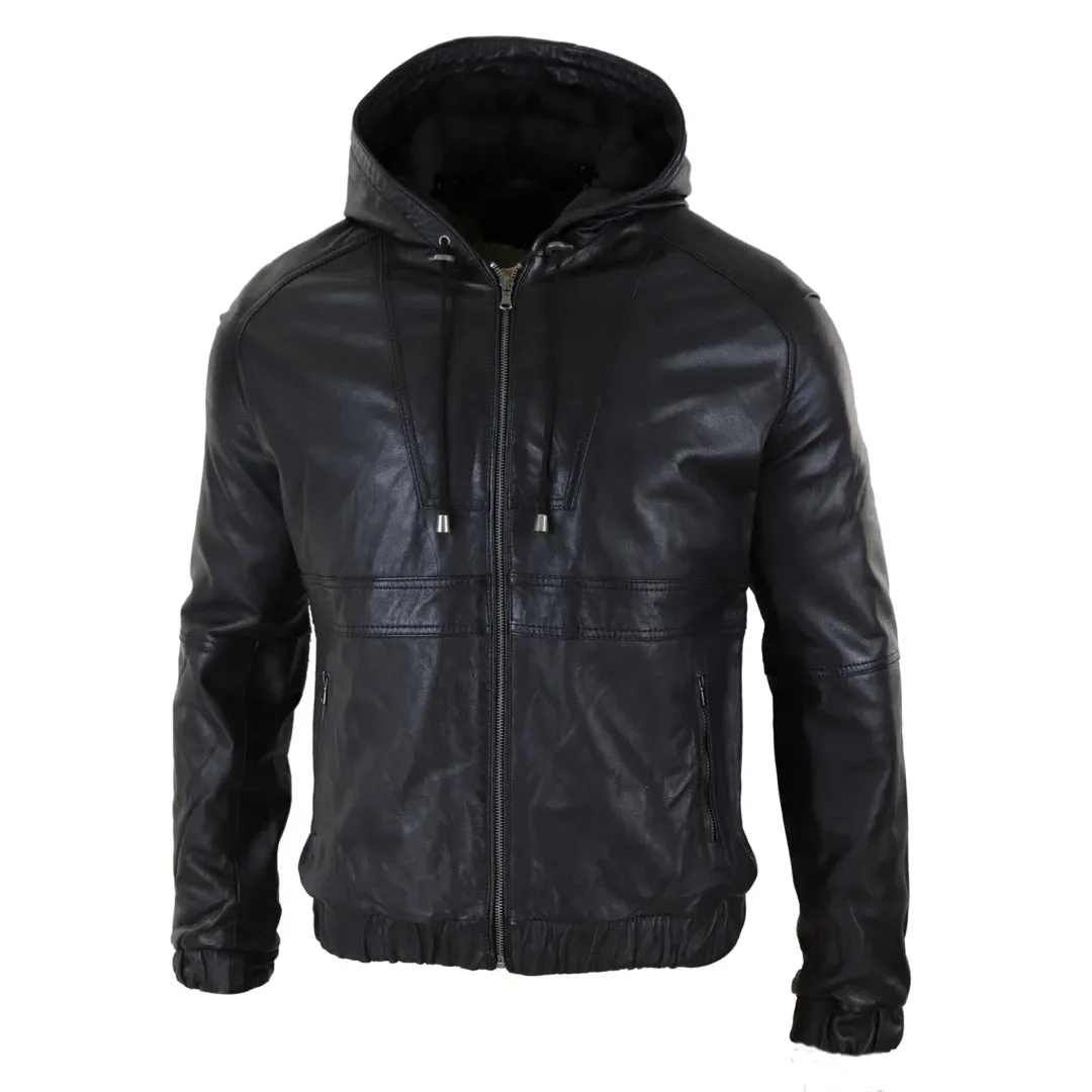 Giacca Bomber Uomo Vera Pelle Marrone Nera con Cappuccio Zip Casual Aderente