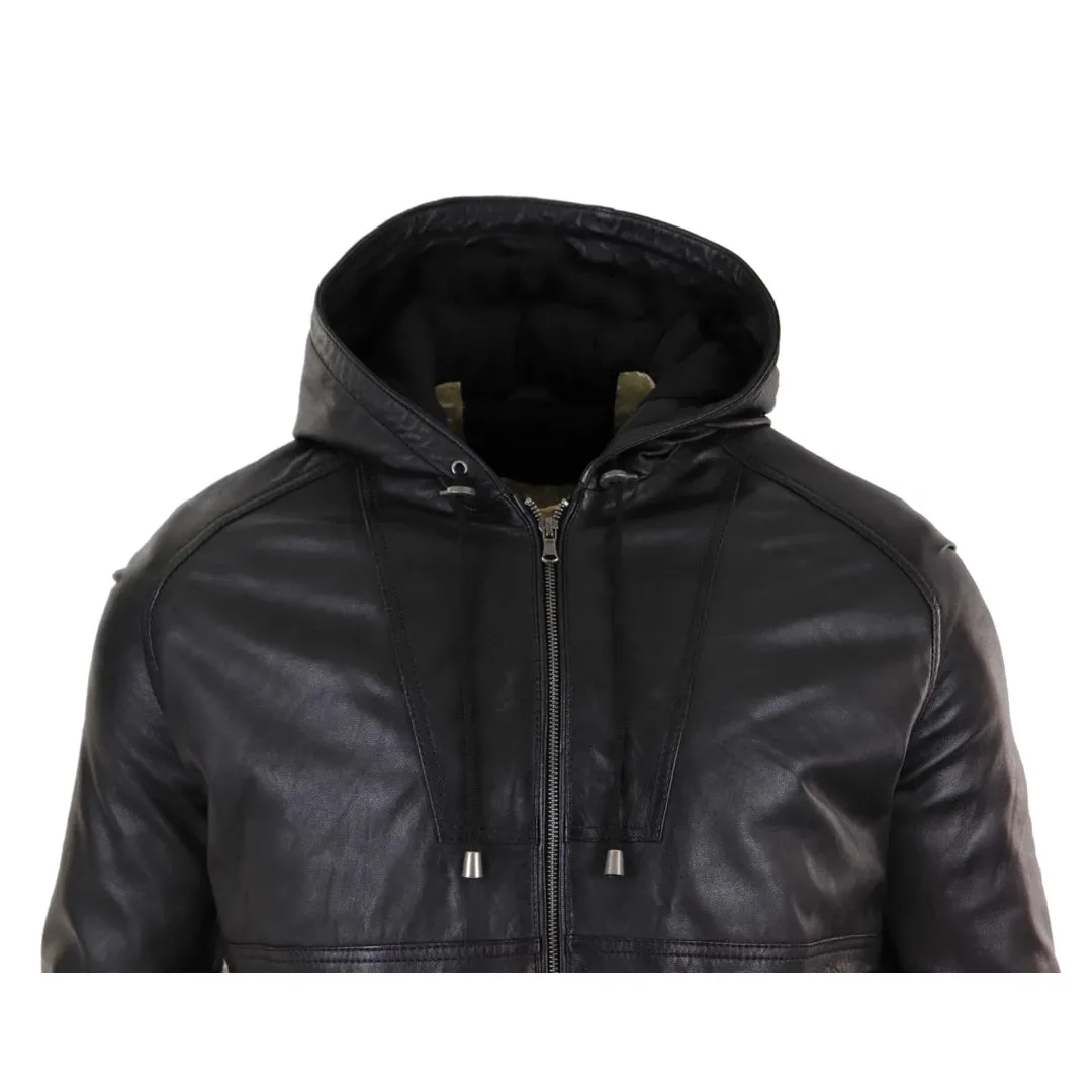 Giacca Bomber Uomo Vera Pelle Marrone Nera con Cappuccio Zip Casual Aderente