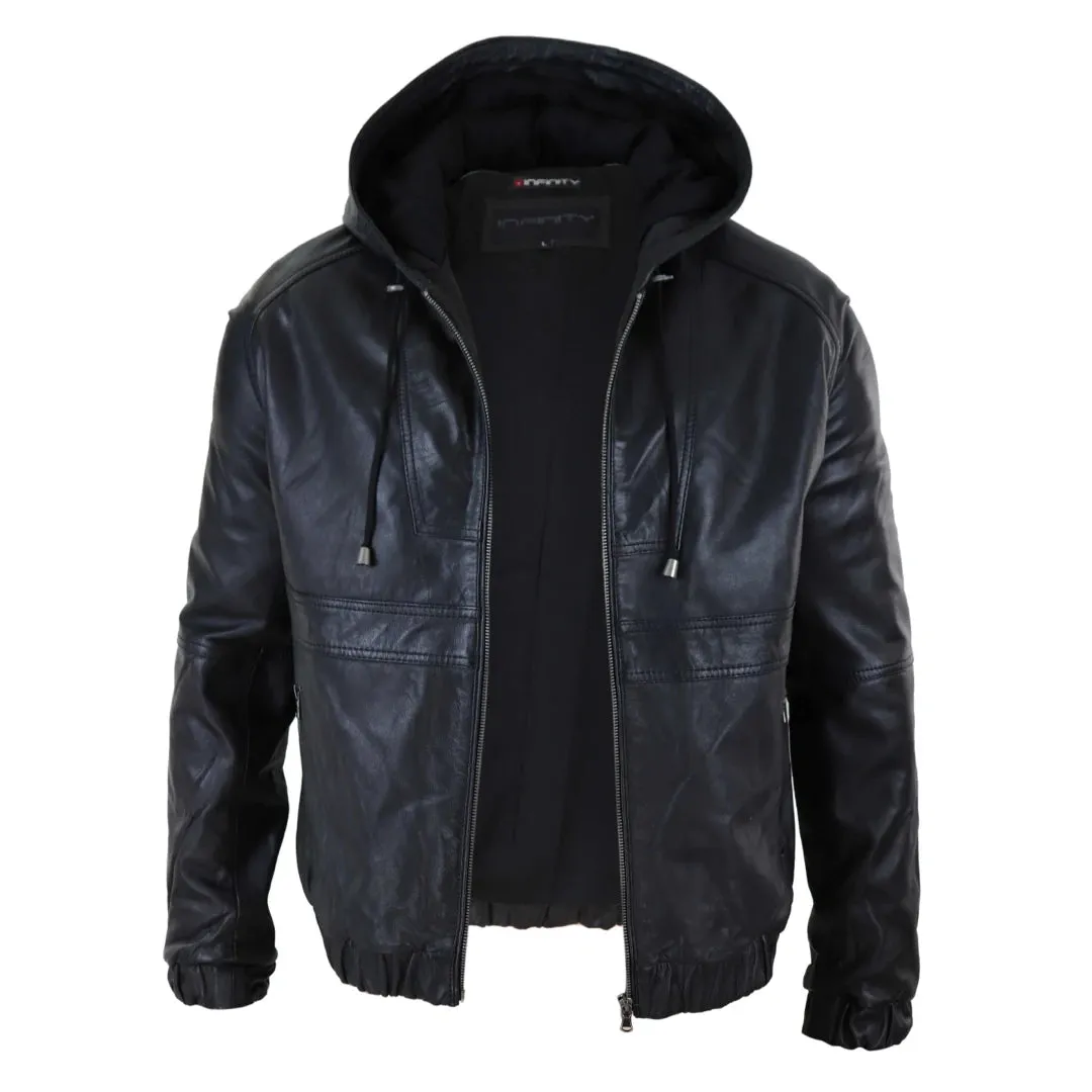 Giacca Bomber Uomo Vera Pelle Marrone Nera con Cappuccio Zip Casual Aderente