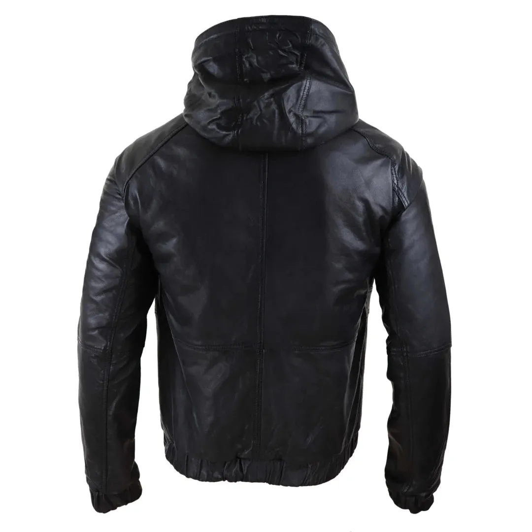 Giacca Bomber Uomo Vera Pelle Marrone Nera con Cappuccio Zip Casual Aderente