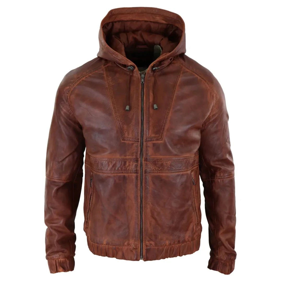 Giacca Bomber Uomo Vera Pelle Marrone Nera con Cappuccio Zip Casual Aderente