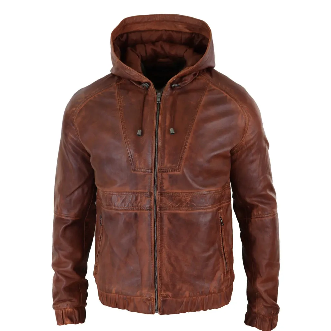 Giacca Bomber Uomo Vera Pelle Marrone Nera con Cappuccio Zip Casual Aderente