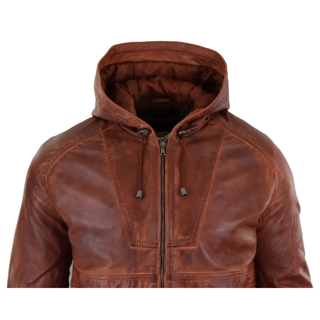 Giacca Bomber Uomo Vera Pelle Marrone Nera con Cappuccio Zip Casual Aderente