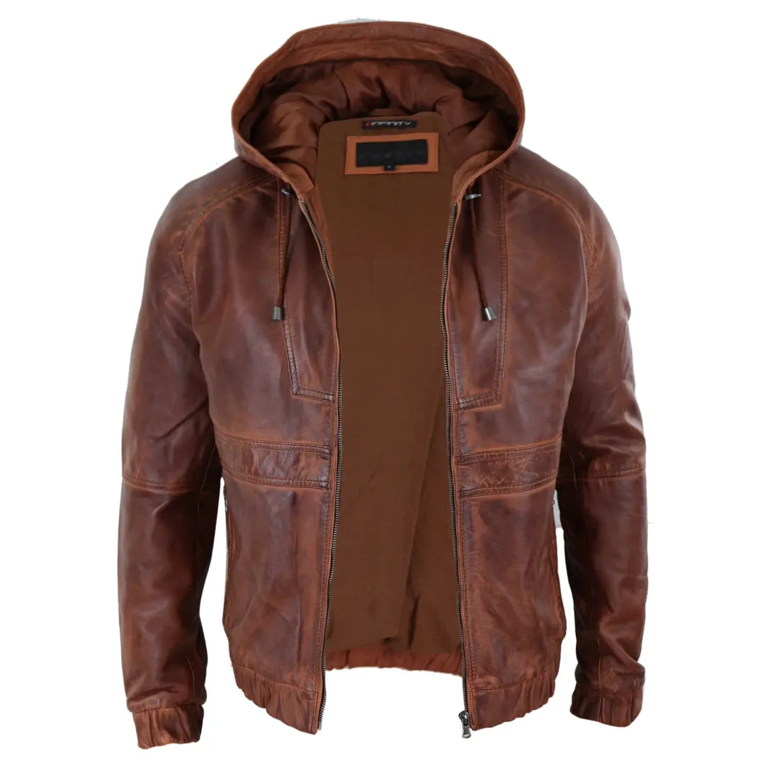 Giacca Bomber Uomo Vera Pelle Marrone Nera con Cappuccio Zip Casual Aderente