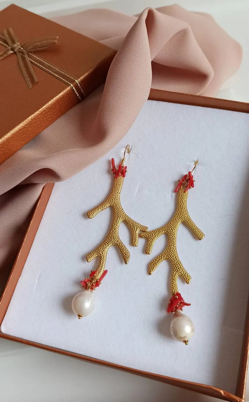 Gold Coral Branch Earrings with Baroque Pearls