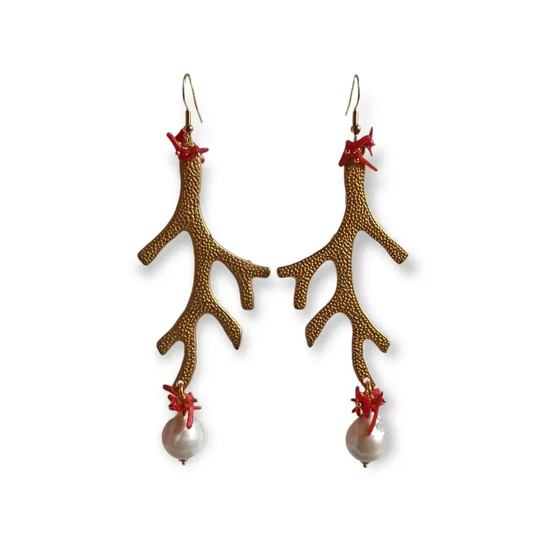 Gold Coral Branch Earrings with Baroque Pearls