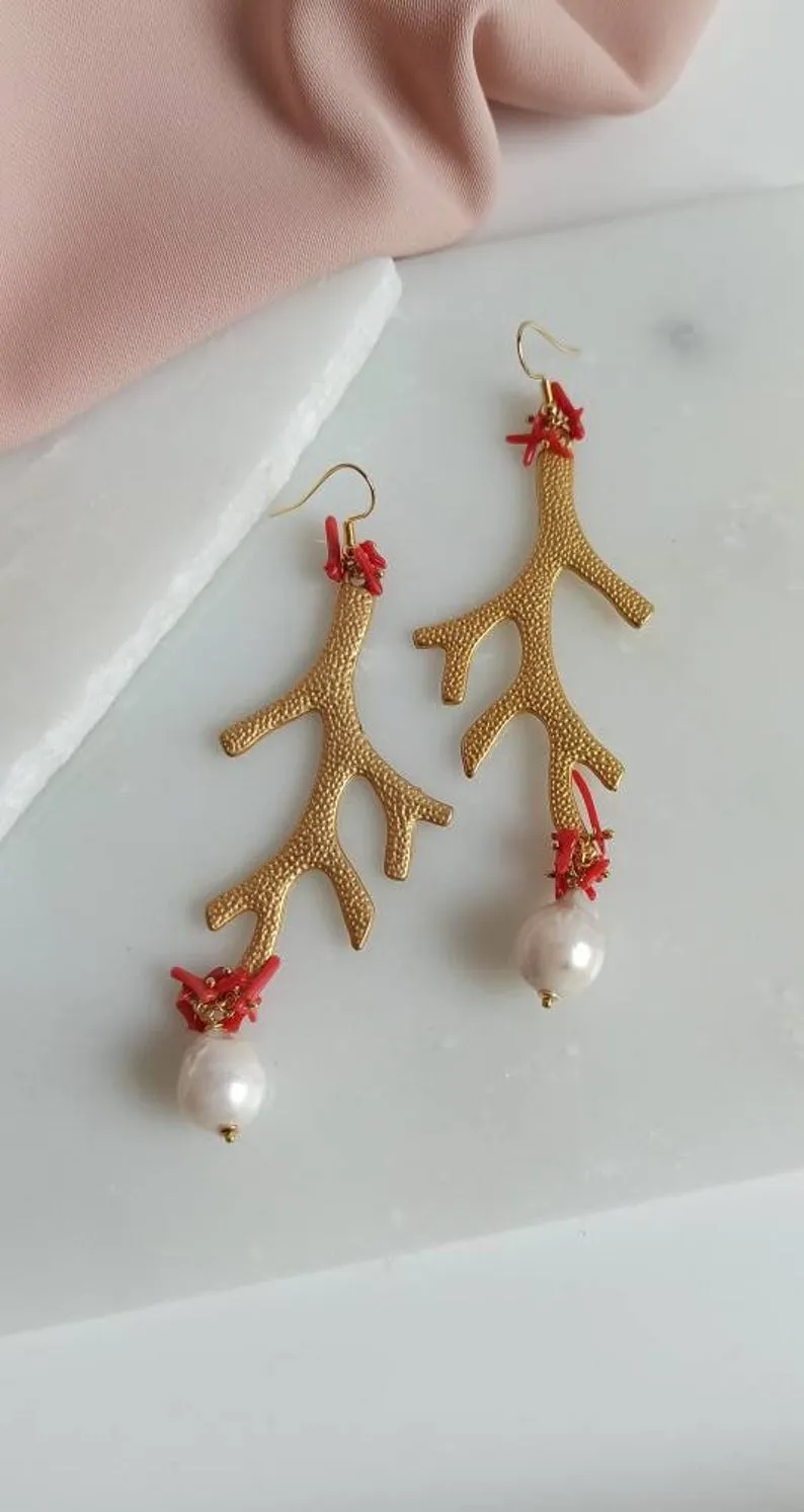 Gold Coral Branch Earrings with Baroque Pearls