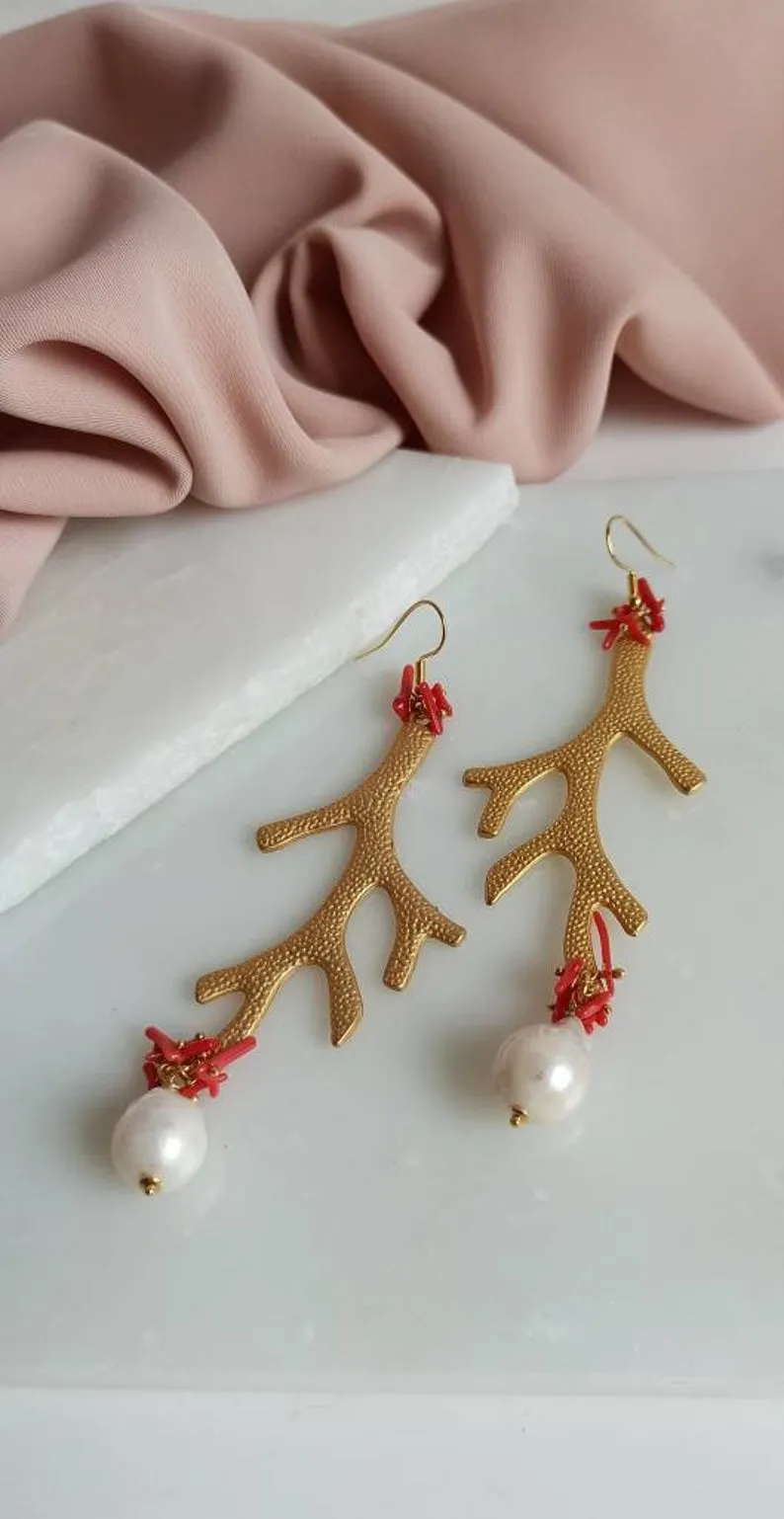Gold Coral Branch Earrings with Baroque Pearls