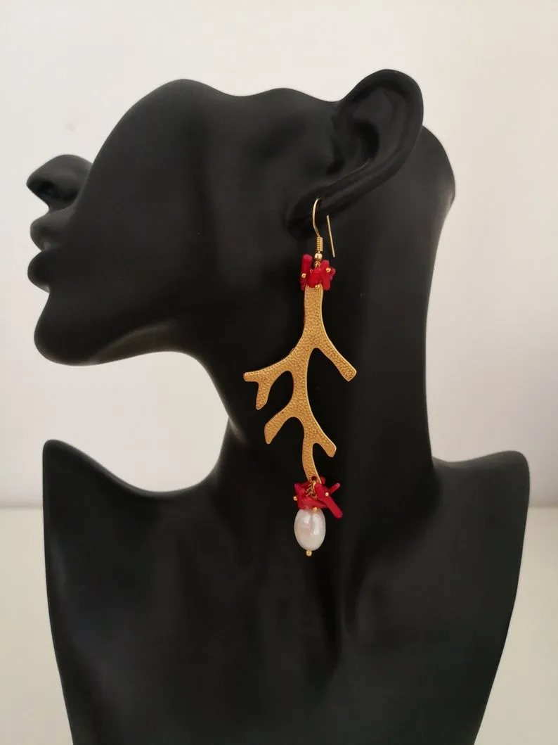 Gold Coral Branch Earrings with Baroque Pearls