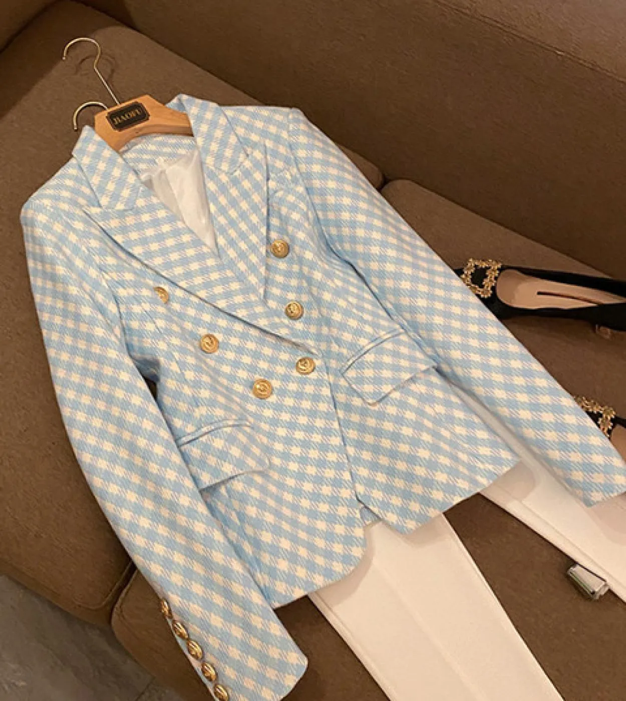 June Lips 2022 Star Fashion New Womens Giacca di alta qualità Double Brestra Ion Buckle Slim Fit Woven Blue Plaid Plaid Su
